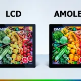 Vergleich von LCD und AMOLED Displays mit lebendigen Obst- und Gemüsemotiven. AMOLED zeigt kräftigere Farben.