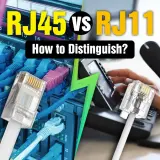 RJ45 vs RJ11: Einblick in Netzwerk- und Telefonkabel. Links ein RJ45-Stecker im Serverraum, rechts ein RJ11-Stecker an einem Telefon.