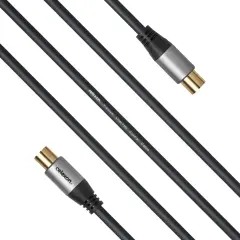 Zwei schwarze Koaxialkabel mit vergoldeten Steckern, ideal für den Anschluss an Antennen oder andere Geräte.