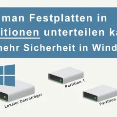 So kann man Festplatten partitionieren in Windows 10 für mehr Sicherheit. Ein lokaler Datenträger wird in Partition 1 und Partition 2 aufgeteilt.