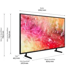 Ein Crystal UHD Fernseher mit einer Breite von 1234,1 mm. Maße für Höhe und Tiefe sind angegeben.