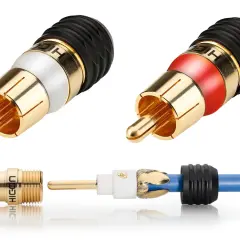 Zwei RCA-Stecker (einer rot, einer weiß) und ein Kabel mit einem abmontierten Steckerteil, bereit, um einen cinch stecker zu montieren.