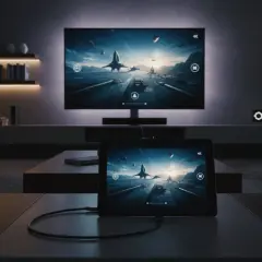 Tablet mit TV verbinden HDMI geht nicht. Das Bild zeigt ein Wohnzimmer mit einem großen Fernseher und einem Tablet, beide zeigen dasselbe Spiel.