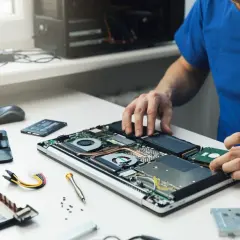 Mann baut Festplatte in Laptop ein. Ein Upgrade für mehr Speicherplatz.