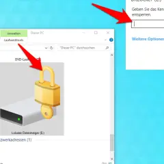 Fenster mit einem Vorhängeschloss-Symbol, das einen Datenträger darstellt. Ein Pop-up-Fenster fragt nach dem Passwort, um das Laufwerk zu entsperren. Dies zeigt, wie man unter Windows einen ordner sperren kann.