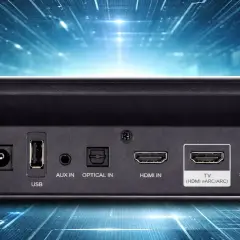 Rückseite einer Soundbar mit Anschlüssen: USB, AUX IN, OPTICAL IN, HDMI IN und TV (HDMI eARC/ARC) für beste Audioqualität.