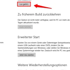 Windows-Einstellungen: Wiederherstellung. "Los geht's" für frühere Builds ist nicht verfügbar. Erweiterter Start für Windows-Werkseinstellungen.