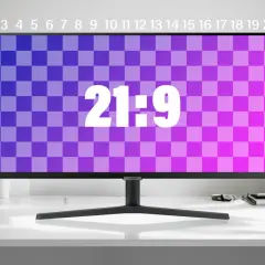 Breiter Monitor mit Schachbrettmuster und "21:9" Schriftzug. Vergleicht das Seitenverhältnis 21:9 vs 16:9.