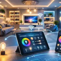 Ein Tablet und Smartphone steuern das Licht im Wohnzimmer. So einfach lässt sich ein **smart home einrichten**.