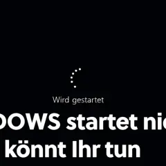 Schwarzer Bildschirm mit Ladekreis und Text: "Wird gestartet. WINDOWS startet nicht - das könnt ihr tun.