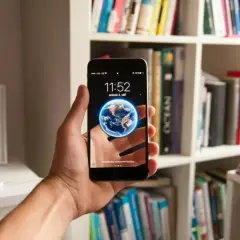 Hand hält Smartphone mit Erd-Hintergrund. Das neue Betriebssystem zeigt die Uhrzeit und das Datum. Im Hintergrund ein Bücherregal.