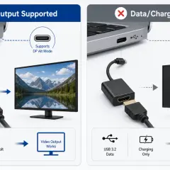 Links: Laptop mit DisplayPort Alt Mode und Thunderbolt 3/4 unterstützt Videoausgabe. Rechts: USB 3.2 Daten/Laden ohne Video. HDCP ist hier nicht das Thema.