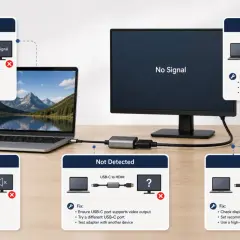 Fehlerbehebung: Wenn USB-C auf HDMI nicht funktioniert, werden Probleme wie "Kein Signal", "Kein Ton", "Nicht erkannt", "Flimmern" oder "Niedrige Auflösung" angezeigt.