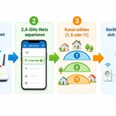 Schritt-für-Schritt-Anleitung zur Optimierung der zigbee frequenz: Router-Einstellungen öffnen, 2,4-GHz-Netz separieren, Kanal wählen (1, 6 oder 11) für zuverlässige Geräteverbindung.