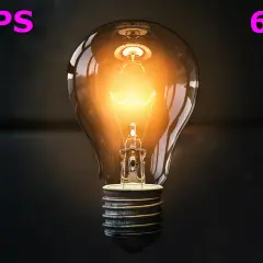 Glühende Glühbirne im Dunkeln, mit Texten "120 FPS" und "60 FPS". Ein Vergleich der Bildraten, der die Flüssigkeit der Bewegung zeigt.