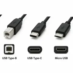 Verschiedene welche USB Stecker: Type-A, Type-B, Type-C, Micro USB und Mini USB.