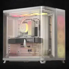 Ein moderner PC-Gehäuse mit RGB-Beleuchtung, bereit für den PC hardware test. Innen sind eine Grafikkarte und Lüfter sichtbar.