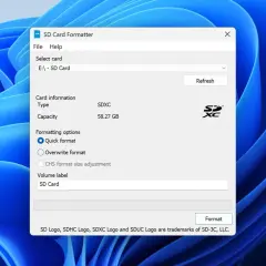 Fenster des SD Card Formatter-Programms, bereit zur schnellen Formatierung einer 58,27 GB SDXC-Karte.