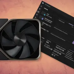 Grafikkarte mit Lüfter und Task-Manager, der die GPU-Temperatur von 56 °C anzeigt.