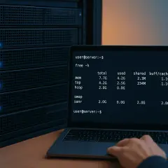Ein Laptop zeigt den Befehl "free -h" an, um den RAM auslesen zu lassen. Im Hintergrund steht ein Server-Rack.