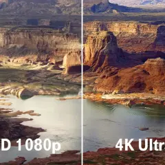 Vergleich: Was ist besser HD oder 4K? Die rechte Seite zeigt eine atemberaubende 4K-Auflösung mit lebendigen Farben und Details, während die linke Seite die Full HD-Version darstellt.