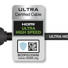 Ein HDMI-Kabel mit dem Label "ULTRA HIGH SPEED" und dem Hinweis "was ist HDMI 2.1".