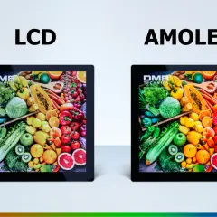 Vergleich von LCD und AMOLED Displays mit lebendigen Obst- und Gemüsemotiven. AMOLED zeigt kräftigere Farben.