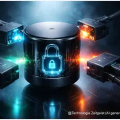 Zentrales Gerät mit leuchtendem Schloss-Symbol, verbunden mit mehreren Kabeln. Ein Symbol für smart home neuheiten und Datensicherheit.