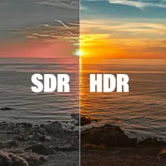 Sonnenuntergang am Meer: links SDR, rechts HDR. Die HDR-Version zeigt lebendigere Farben und mehr Details.