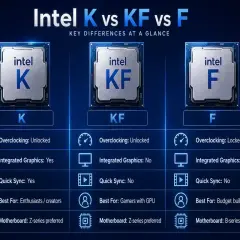 Vergleich von Intel K, KF und F Prozessoren: K und KF sind übertaktbar, F nicht. K hat integrierte Grafik, KF und F nicht. K für Enthusiasten, KF für Gamer, F für Budget-Builds.