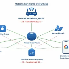 Schema eines Matter Smart Homes nach Umzug. Ein Thread Border Router verbindet Philips Hue Bridge, Eve Türsensor, Nanoleaf Panels und ein Smartphone mit Google Home App.