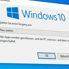 Windows 10 Dialogfeld: "Neu starten" auswählen, um den PC neu aufzusetzen. Alle Apps werden geschlossen.