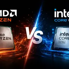 AMD Ryzen gegen Intel Core Ultra: Zwei Prozessoren im Duell, beleuchtet von feurigem Orange und kühlem Blau.