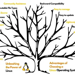 Baumdiagramm zeigt, wie funktioniert Linux: Open Source, Zuverlässigkeit, Effizienz, einfache Installation, Community-Support.