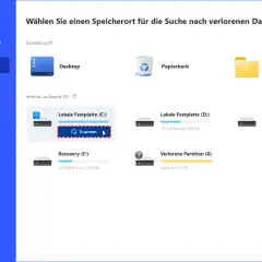 Hier suche ich, wo ich Screenshots finden kann. Die Software zeigt Laufwerke an, um Daten wiederherzustellen.