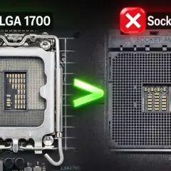 LGA 1700 Sockel mit Häkchen, daneben der Sockel AM4 mit Kreuz. Der neue Sockel ist besser.