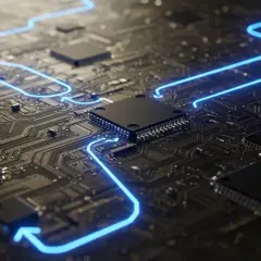 Leuchtende blaue Linien verbinden Prozessoren auf einer dunklen Platine, die an ein **mini ATX**-System erinnert.