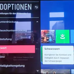 LG Bildoptionen: Schwarzwert auf Niedrig eingestellt. Möchten Sie den LG Instant Game Response ausschalten, um die Bildqualität zu optimieren?