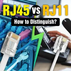 RJ45 vs RJ11: Einblick in Netzwerk- und Telefonkabel. Links ein RJ45-Stecker im Serverraum, rechts ein RJ11-Stecker an einem Telefon.