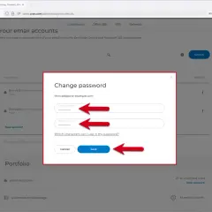 Passwort ändern für e-mail app einrichten. Eingabe neuer und wiederholter Passwortfelder, mit Pfeilen markiert.
