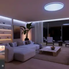 Gemütliches Wohnzimmer mit indirekter Beleuchtung, inspiriert von Philips Hue Ideen. Die Szene "Lake mist" erzeugt eine beruhigende Atmosphäre.
