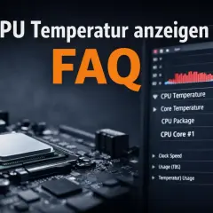 CPU Temperatur anzeigen in Windows 11: Ein FAQ-Bild zeigt eine CPU auf einem Motherboard und einen Bildschirm mit Temperaturdaten.