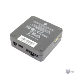 Schwarzer Corsair iCUE Link Hub mit Anschlüssen und Zulassungszeichen.