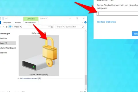 Fenster mit einem Vorhängeschloss-Symbol, das einen Datenträger darstellt. Ein Pop-up-Fenster fragt nach dem Passwort, um das Laufwerk zu entsperren. Dies zeigt, wie man unter Windows einen ordner sperren kann.