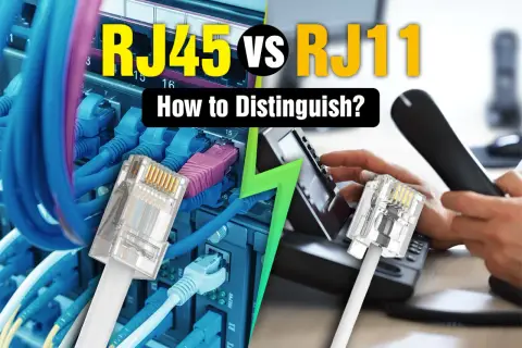 RJ45 vs RJ11: Einblick in Netzwerk- und Telefonkabel. Links ein RJ45-Stecker im Serverraum, rechts ein RJ11-Stecker an einem Telefon.