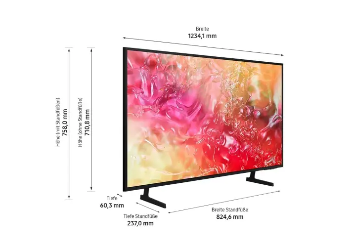 Ein Crystal UHD Fernseher mit einer Breite von 1234,1 mm. Maße für Höhe und Tiefe sind angegeben.