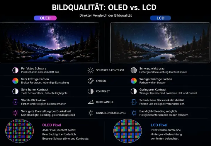 OLED vs. LCD: Ein Vergleich der Bildqualität. Das OLED-Bild zeigt perfekte Schwarzwerte und kräftige Farben, während LCD-Displays graue Schwarztöne und blassere Farben aufweisen.