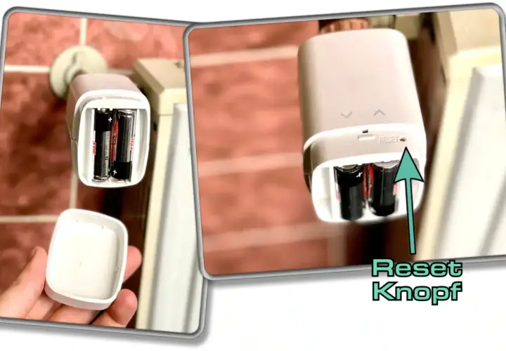 Batteriefach des eve thermo, daneben der Reset Knopf.
