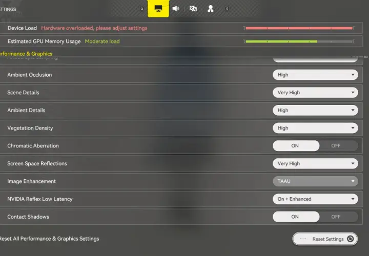 Grafikeinstellungen: Hardware überlastet, GPU-Auslastung moderat. Optionen wie Ambient Occlusion, Scene Details, NVIDIA Reflex Low Latency. Ein Nvidia driver rollback könnte helfen.