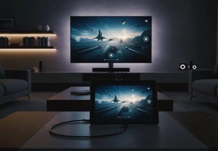 Tablet mit TV verbinden HDMI geht nicht. Das Bild zeigt ein Wohnzimmer mit einem großen Fernseher und einem Tablet, beide zeigen dasselbe Spiel.